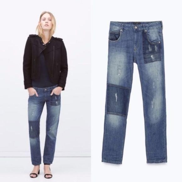Zara Contrast Pocket Patch BF Distressed Mid Rise - Picture 1 of 7